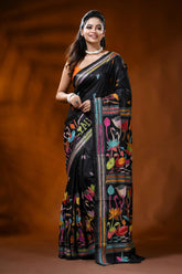 Ebony black silk kantha saree with multicolor bird floral embroidery 6