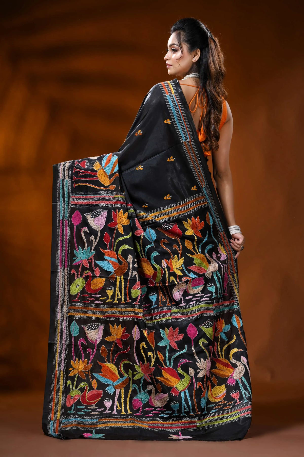 Ebony black silk kantha saree with multicolor bird floral embroidery 5