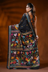 Ebony black silk kantha saree with multicolor bird floral embroidery 5