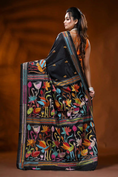 Ebony black silk kantha saree with multicolor bird floral embroidery 5
