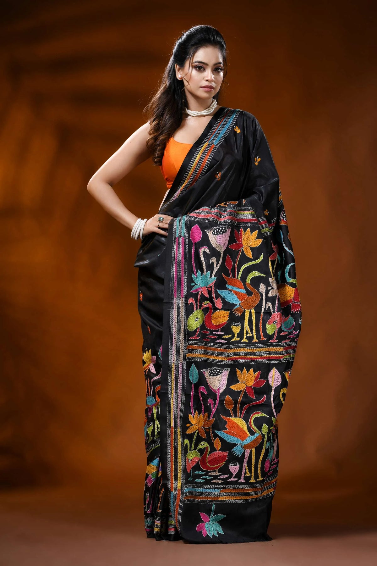 Ebony black silk kantha saree with multicolor bird floral embroidery 4