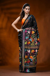 Ebony black silk kantha saree with multicolor bird floral embroidery 4