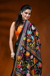 Ebony black silk kantha saree with multicolor bird floral embroidery 2