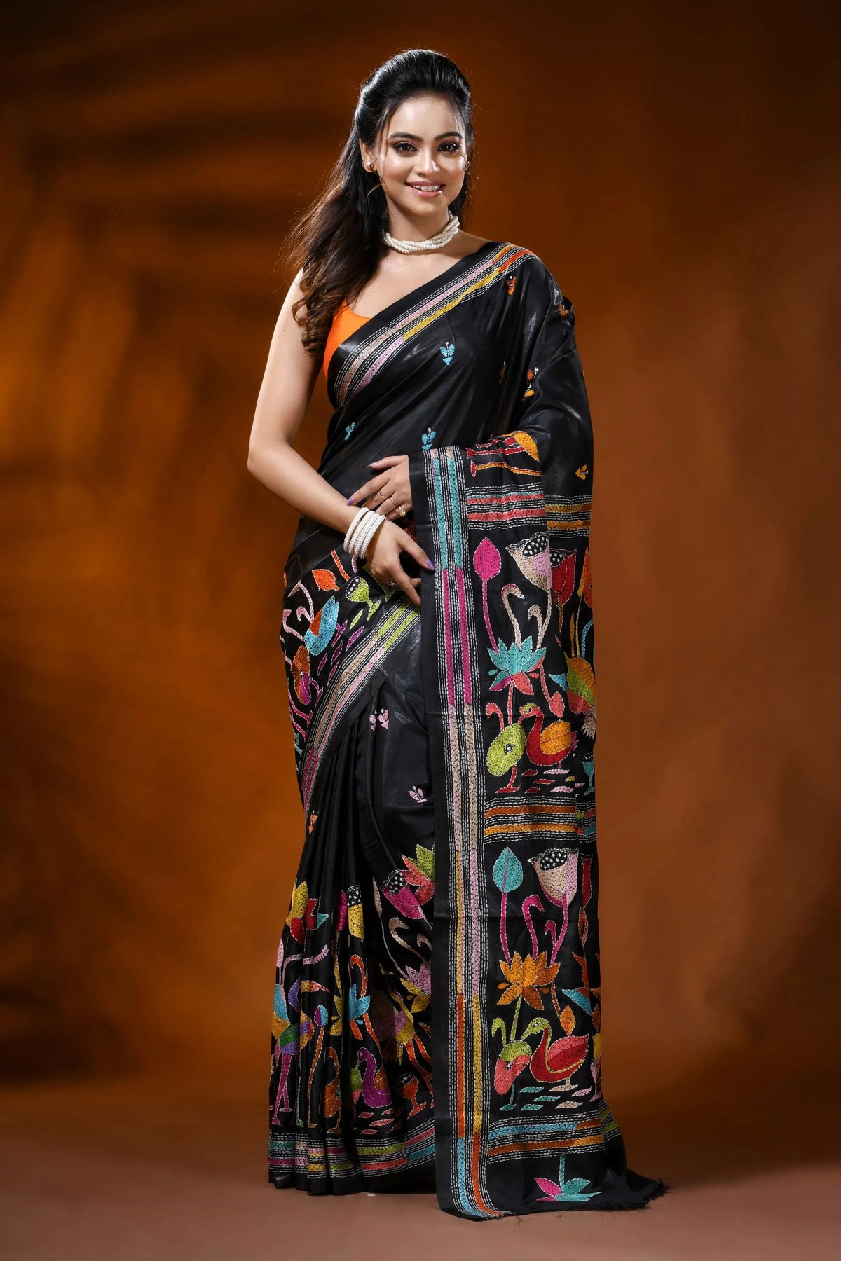 Ebony black silk kantha saree with multicolor bird floral embroidery 1