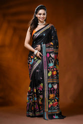 Ebony black silk kantha saree with multicolor bird floral embroidery 1