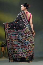 Ebony black silk kantha saree with multicolor geometric design 5