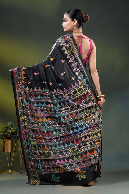 Ebony black silk kantha saree with multicolor geometric design 5