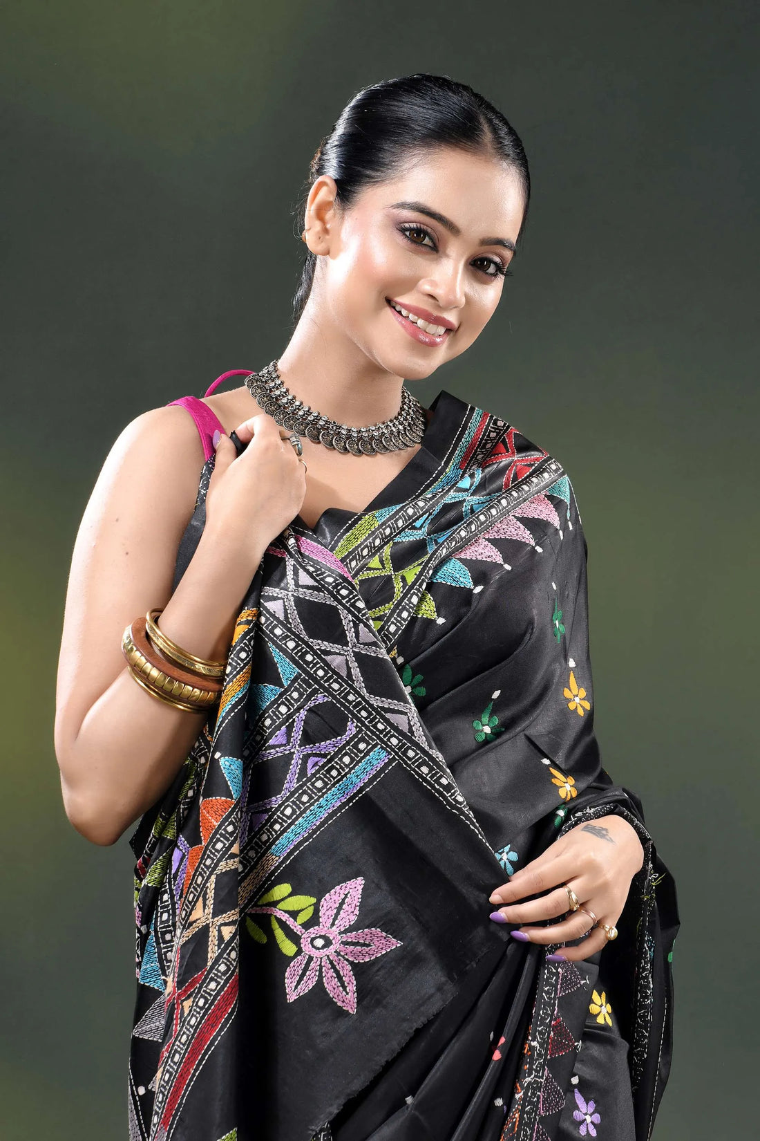Ebony black silk kantha saree with multicolor geometric design 2