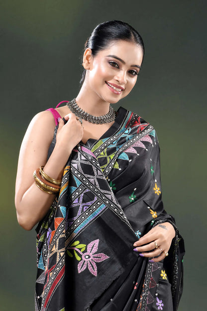Ebony black silk kantha saree with multicolor geometric design 2