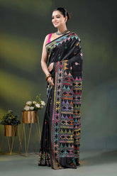 Ebony black silk kantha saree with multicolor geometric design 4