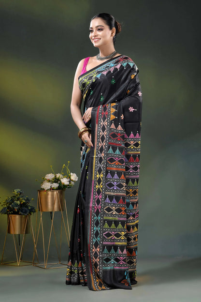 Ebony black silk kantha saree with multicolor geometric design 4