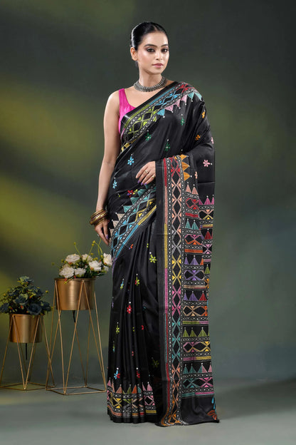 Ebony black silk kantha saree with multicolor geometric design 7