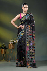 Ebony black silk kantha saree with multicolor geometric design 1