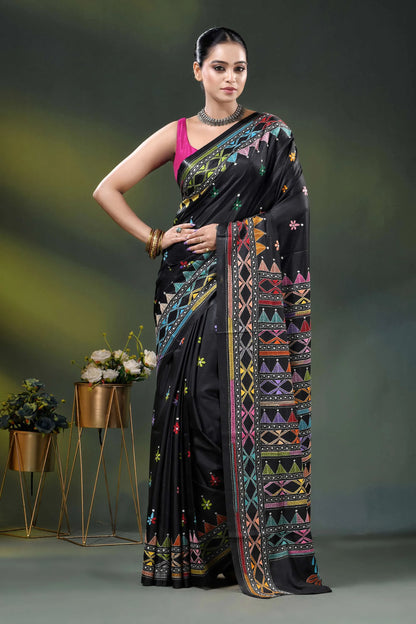 Ebony black silk kantha saree with multicolor geometric design 1