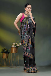 Ebony black silk kantha saree with multicolor geometric design 6