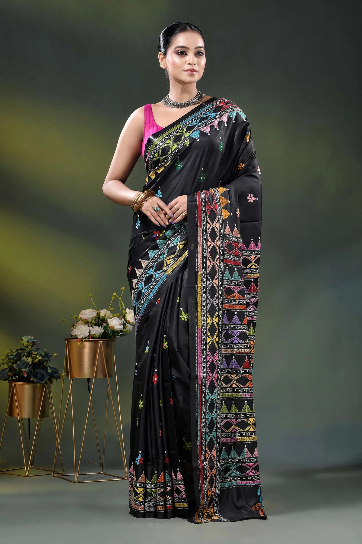 Ebony black silk kantha saree with multicolor geometric design 3