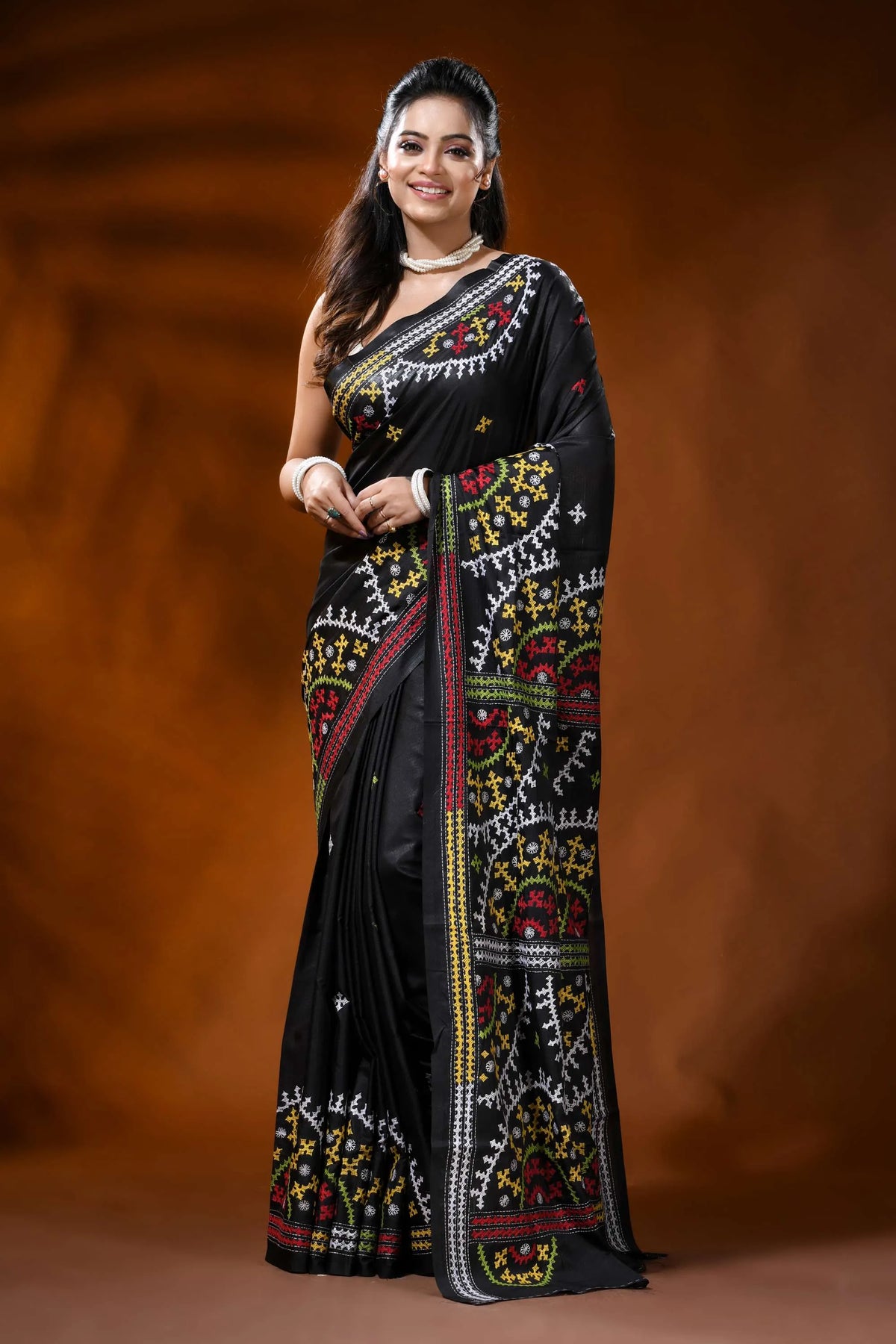Ebony black silk kutch embroidery saree with multicolor ethnic motifs 6