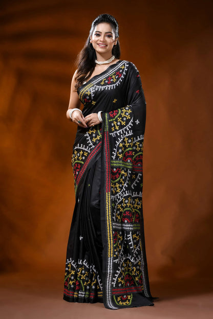 Ebony black silk kutch embroidery saree with multicolor ethnic motifs 6