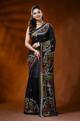 Ebony black silk kutch embroidery saree with multicolor ethnic motifs 1