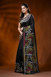 Ebony black silk kutch embroidery saree with multicolor ethnic motifs 3