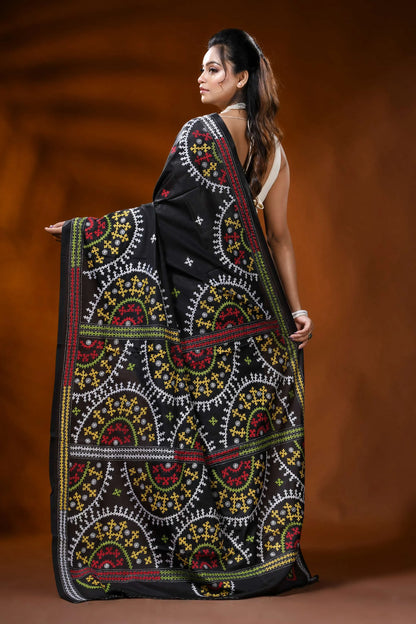 Ebony black silk kutch embroidery saree with multicolor ethnic motifs 5
