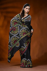 Ebony black silk kutch embroidery saree with multicolor ethnic motifs 4