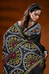 Ebony black silk kutch embroidery saree with multicolor ethnic motifs 2