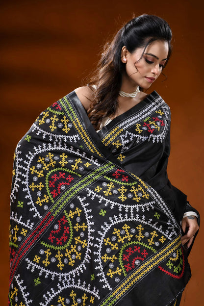 Ebony black silk kutch embroidery saree with multicolor ethnic motifs 2