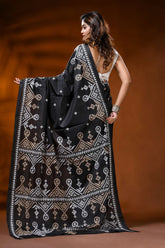 Ebony black silk kutch work saree with handmade ethnic design 5
