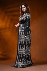Ebony black silk kutch work saree with handmade ethnic design 3
