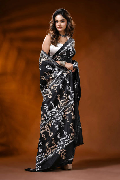 Ebony black silk kutch work saree with handmade ethnic design 4