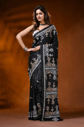 Ebony black silk kutch work saree with handmade ethnic design 6