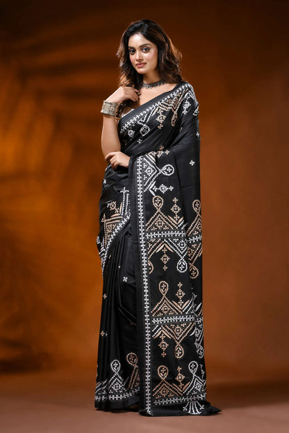 Ebony black silk kutch work saree with handmade ethnic design 1