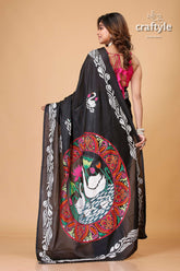 Ebony Black Swan Motif Artisanal Kantha Silk Saree - Craftyle