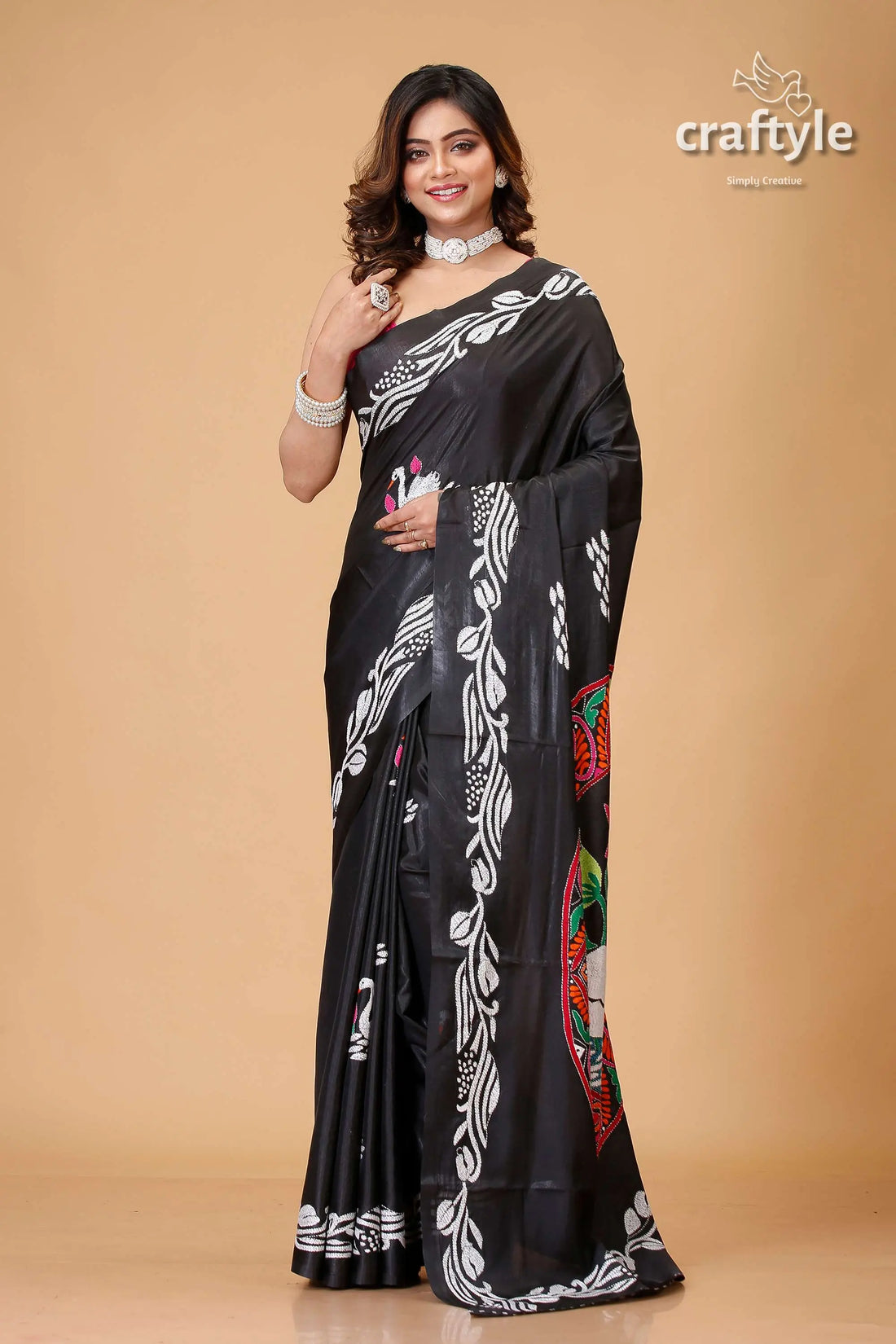 Ebony black swan motif artisanal kantha silk saree black saree white colorful accents 1