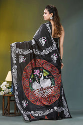 Ebony black swan motif hand embroidery silk kantha saree black silk saree intricate white 7