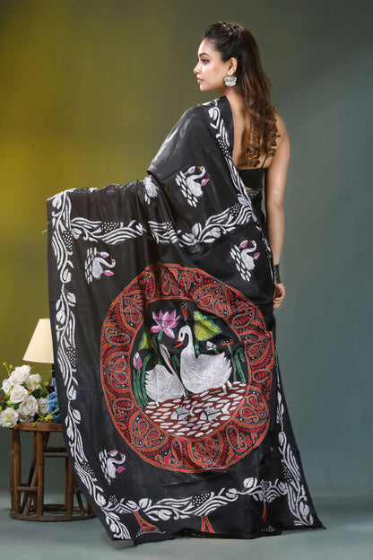Ebony black swan motif hand embroidery silk kantha saree black silk saree intricate white 7