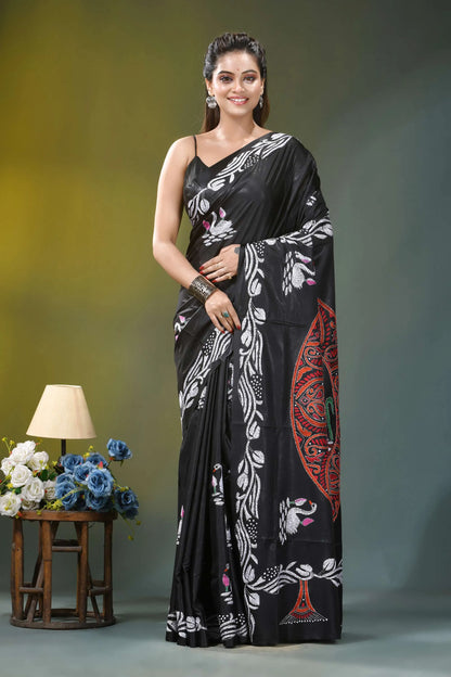 Ebony black swan motif hand embroidery silk kantha saree black silk saree intricate white 1