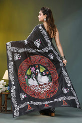 Ebony black swan motif hand embroidery silk kantha saree black silk saree intricate white 4