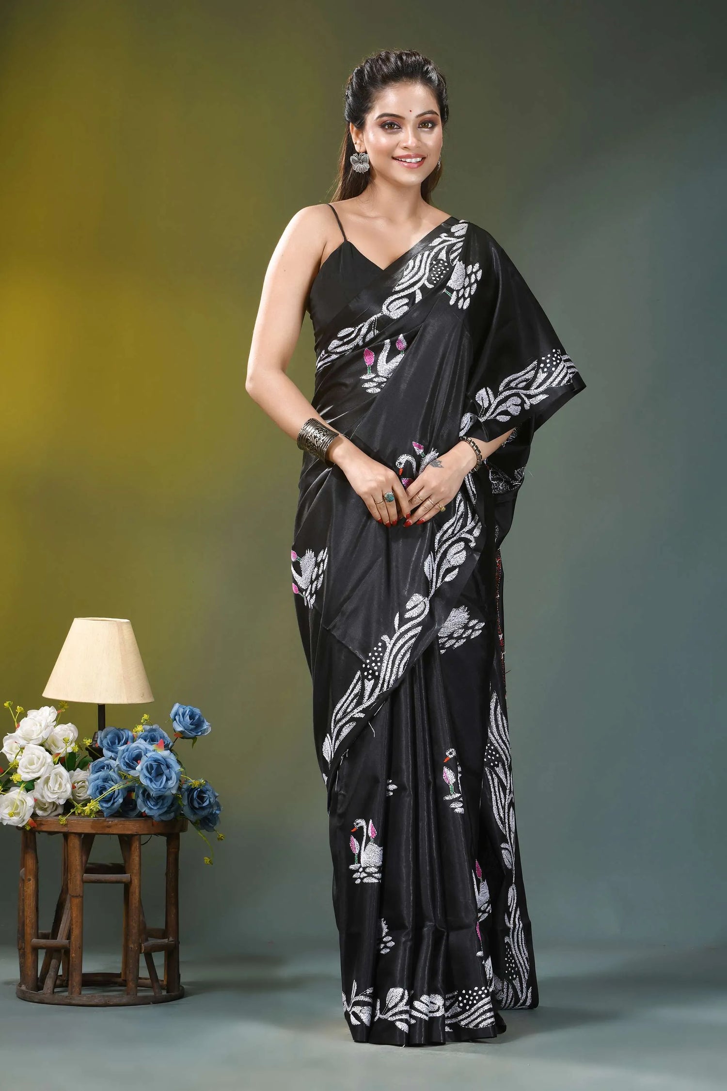 Ebony black swan motif hand embroidery silk kantha saree black silk saree intricate white 5