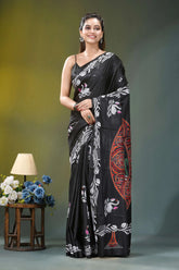 Ebony black swan motif hand embroidery silk kantha saree black silk saree intricate white 6