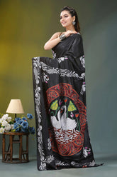 Ebony black swan motif hand embroidery silk kantha saree black silk saree intricate white 3