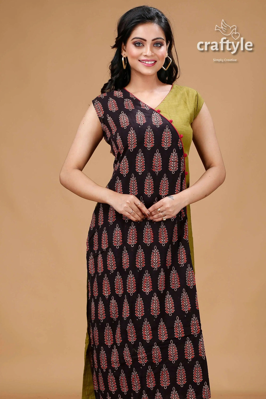 Ebony clay and olive green angaraksha pure ajrakh cotton kurti woman’s patterned sleeveless dress 2