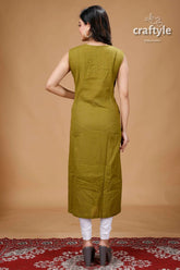 Ebony clay and olive green angaraksha pure ajrakh cotton kurti olive green sleeveless kurta 5