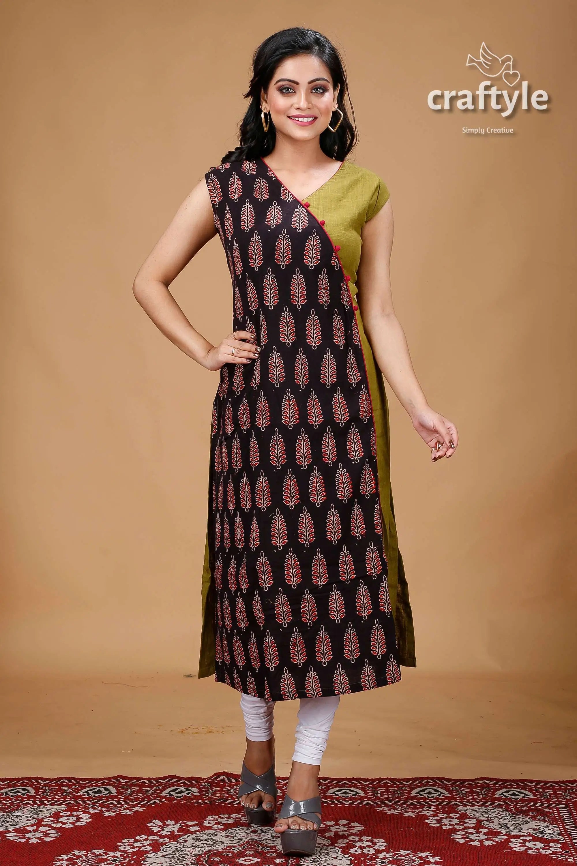 Ebony clay and olive green angaraksha pure ajrakh cotton kurti woman’s patterned kurta 1