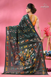 Eden green designer kantha stitch saree dark green saree colorful floral 5