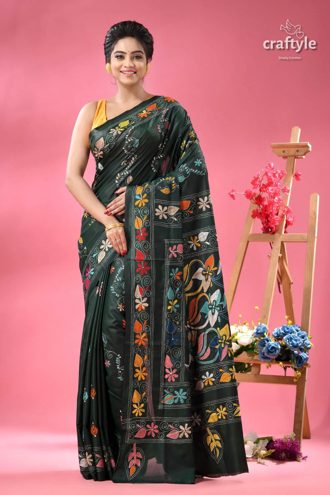 Eden green designer kantha stitch saree dark green saree colorful floral 1