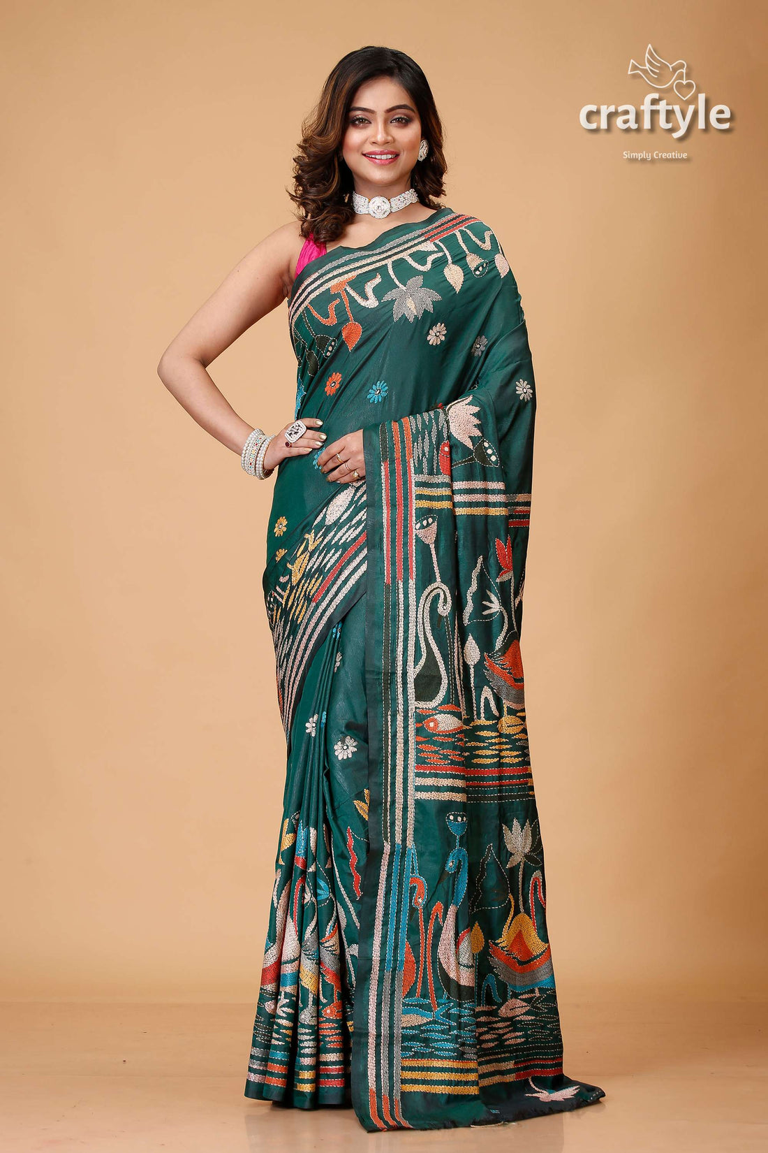 Eden Green Intricate Swan Motif Bengali Silk Kantha Saree - Craftyle