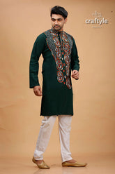 Eden green kantha work cotton ethnic punjabi for men dark embroidered kurta intricate 4