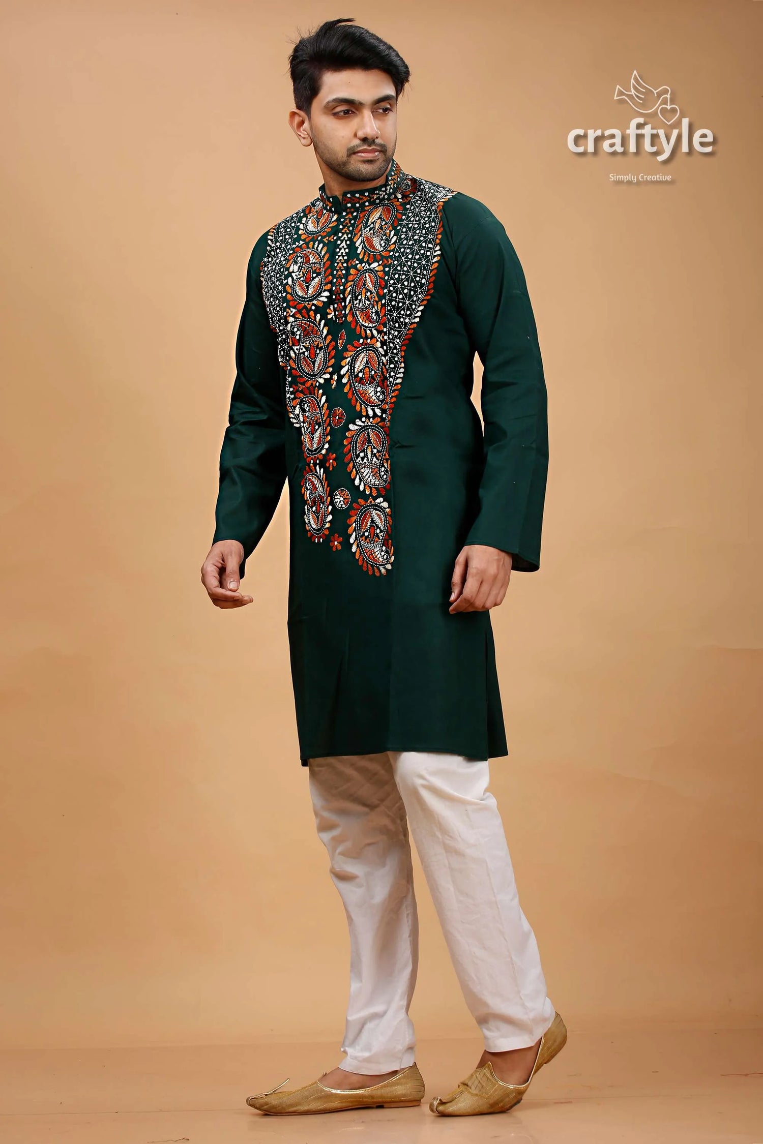 Eden green kantha work cotton ethnic punjabi for men dark kurta intricate red 3